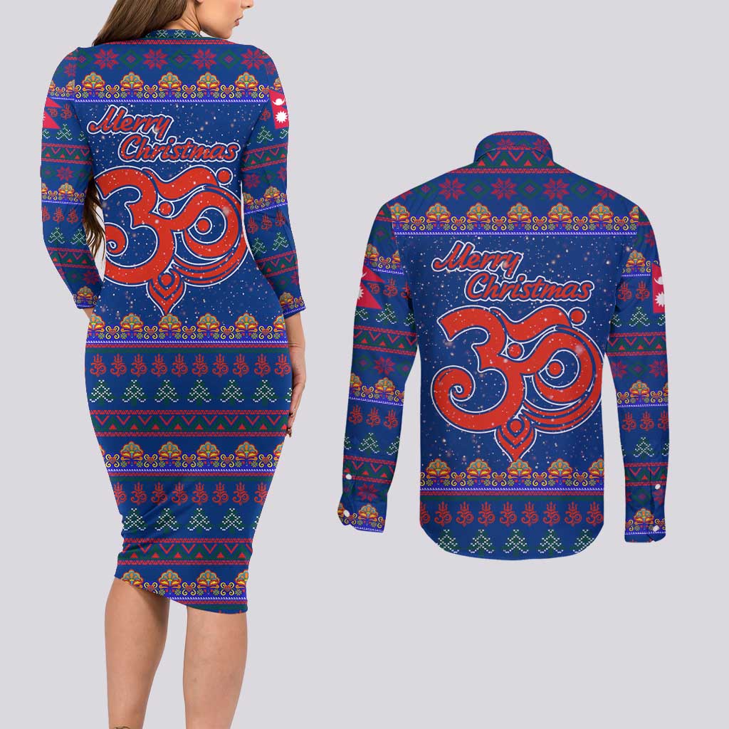 Nepal Christmas Couples Matching Long Sleeve Bodycon Dress and Long Sleeve Button Shirt with Blue-Red Pattern, Hindu Chariot Scene, and Om Symbol Motif - Wonder Print Shop