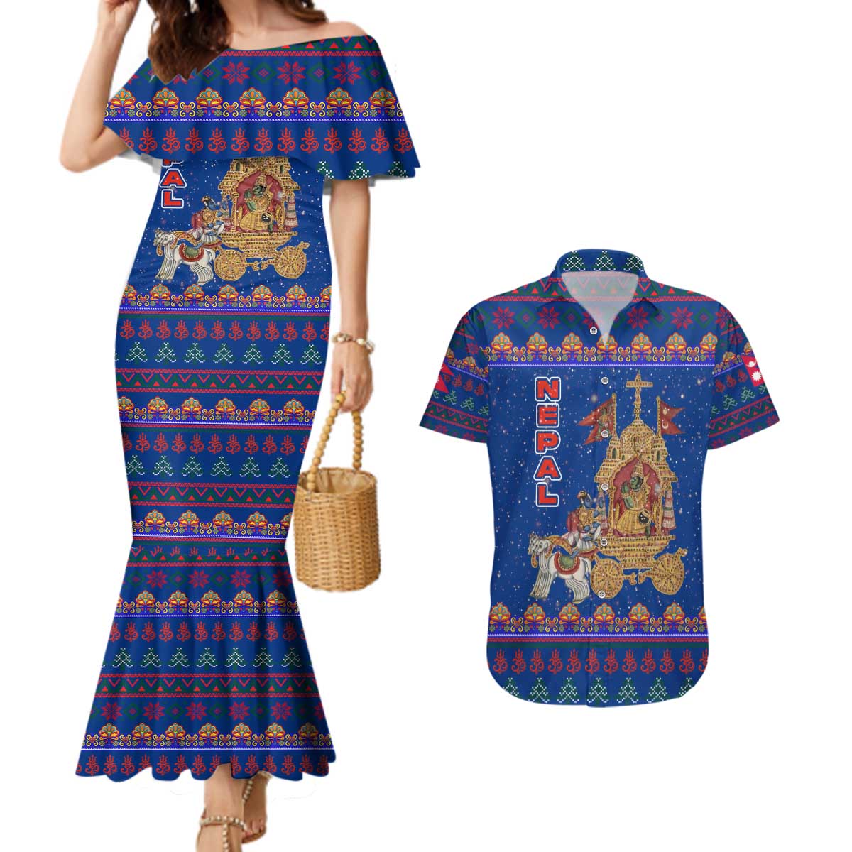 Nepal Christmas Couples Matching Mermaid Dress and Hawaiian Shirt with Blue-Red Pattern, Hindu Chariot Scene, and Om Symbol Motif - Wonder Print Shop