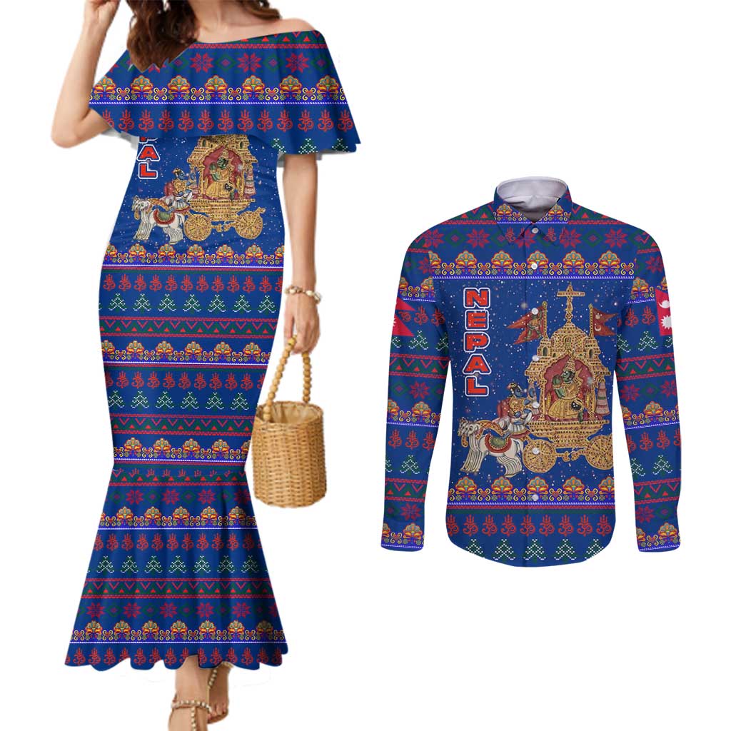 Nepal Christmas Couples Matching Mermaid Dress and Long Sleeve Button Shirt with Blue-Red Pattern, Hindu Chariot Scene, and Om Symbol Motif - Wonder Print Shop