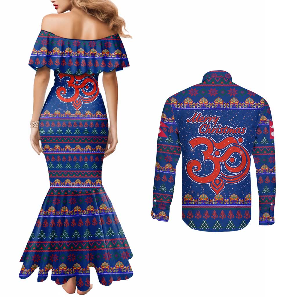 Nepal Christmas Couples Matching Mermaid Dress and Long Sleeve Button Shirt with Blue-Red Pattern, Hindu Chariot Scene, and Om Symbol Motif - Wonder Print Shop