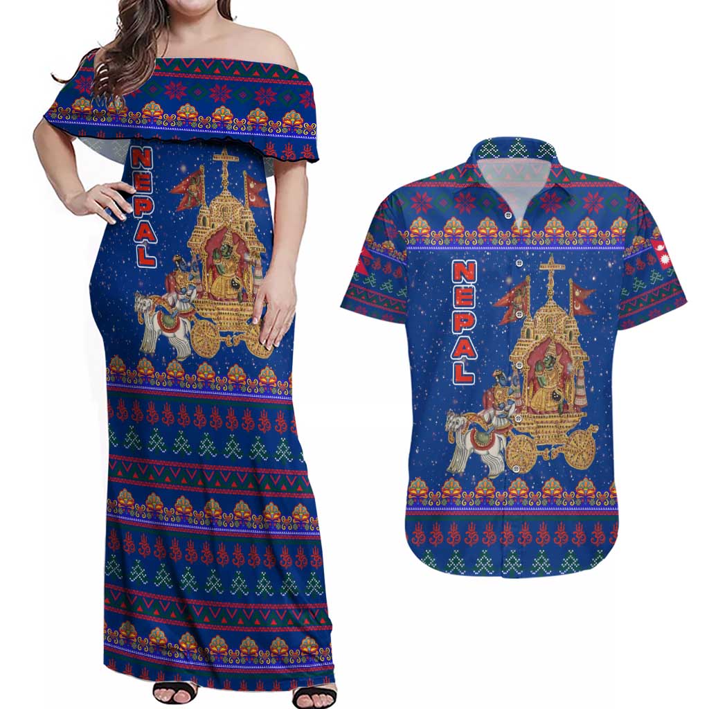 Nepal Christmas Couples Matching Off Shoulder Maxi Dress and Hawaiian Shirt with Blue-Red Pattern, Hindu Chariot Scene, and Om Symbol Motif - Wonder Print Shop