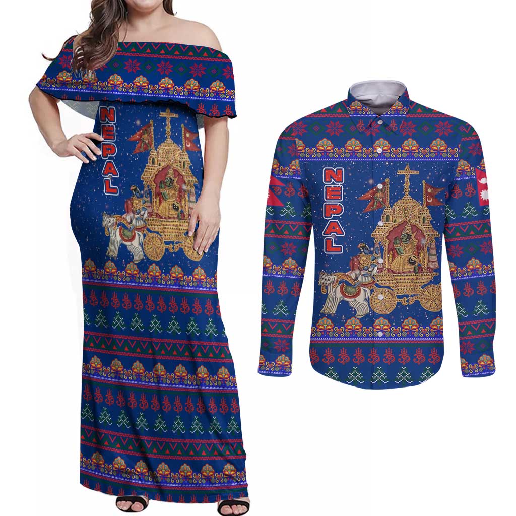 Nepal Christmas Couples Matching Off Shoulder Maxi Dress and Long Sleeve Button Shirt with Blue-Red Pattern, Hindu Chariot Scene, and Om Symbol Motif - Wonder Print Shop