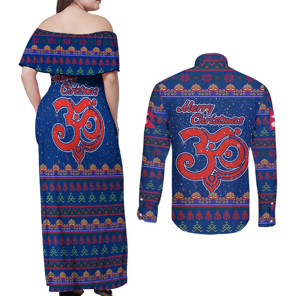 Nepal Christmas Couples Matching Off Shoulder Maxi Dress and Long Sleeve Button Shirt with Blue-Red Pattern, Hindu Chariot Scene, and Om Symbol Motif - Wonder Print Shop