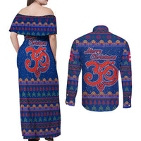 Nepal Christmas Couples Matching Off Shoulder Maxi Dress and Long Sleeve Button Shirt with Blue-Red Pattern, Hindu Chariot Scene, and Om Symbol Motif - Wonder Print Shop