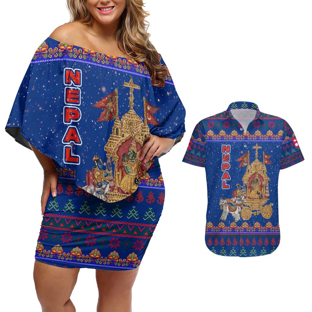 Nepal Christmas Couples Matching Off Shoulder Short Dress and Hawaiian Shirt with Blue-Red Pattern, Hindu Chariot Scene, and Om Symbol Motif - Wonder Print Shop