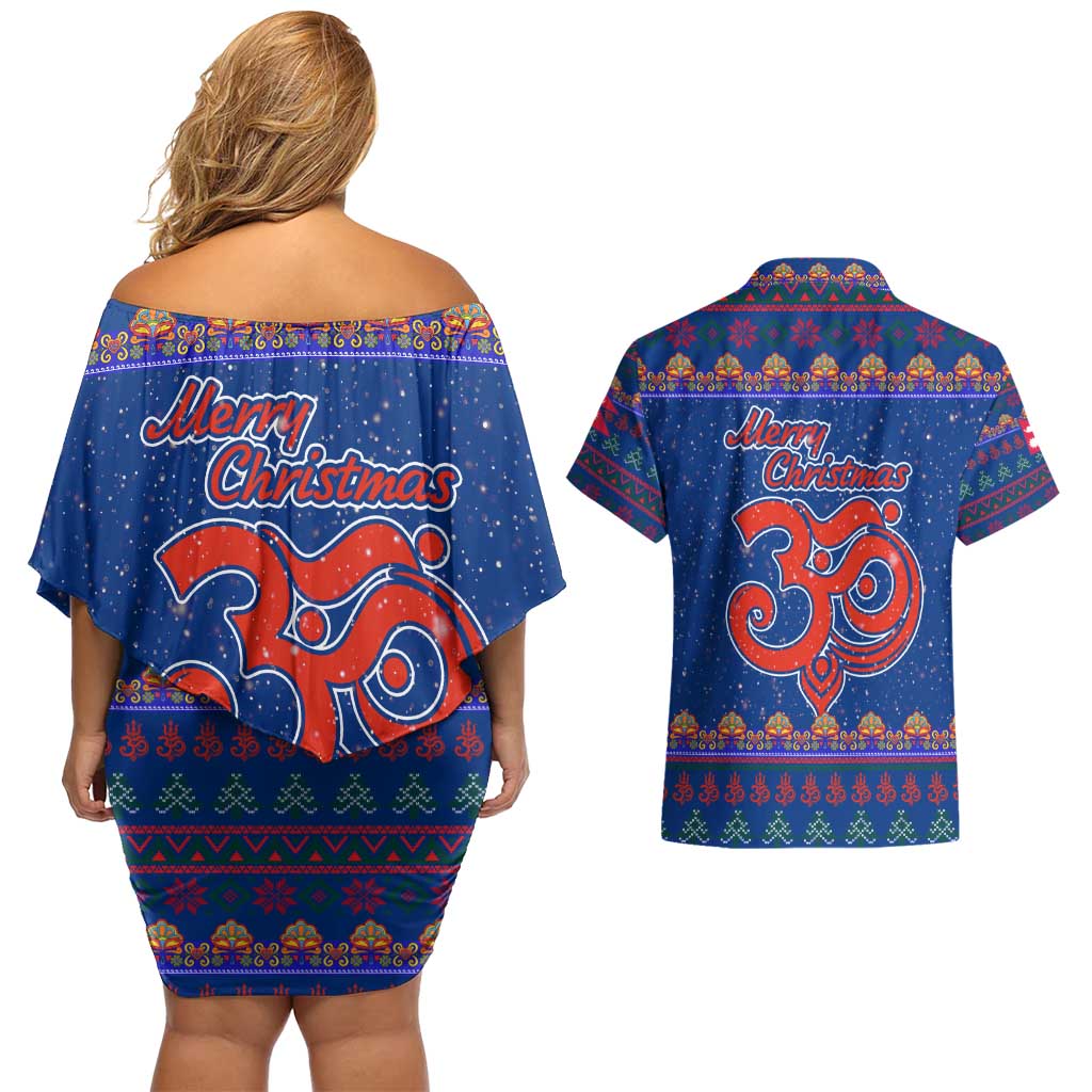Nepal Christmas Couples Matching Off Shoulder Short Dress and Hawaiian Shirt with Blue-Red Pattern, Hindu Chariot Scene, and Om Symbol Motif - Wonder Print Shop