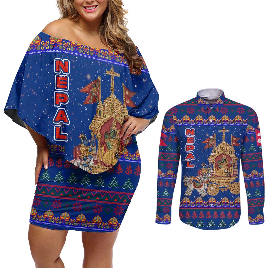Nepal Christmas Couples Matching Off Shoulder Short Dress and Long Sleeve Button Shirt with Blue-Red Pattern, Hindu Chariot Scene, and Om Symbol Motif - Wonder Print Shop
