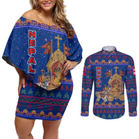 Nepal Christmas Couples Matching Off Shoulder Short Dress and Long Sleeve Button Shirt with Blue-Red Pattern, Hindu Chariot Scene, and Om Symbol Motif - Wonder Print Shop