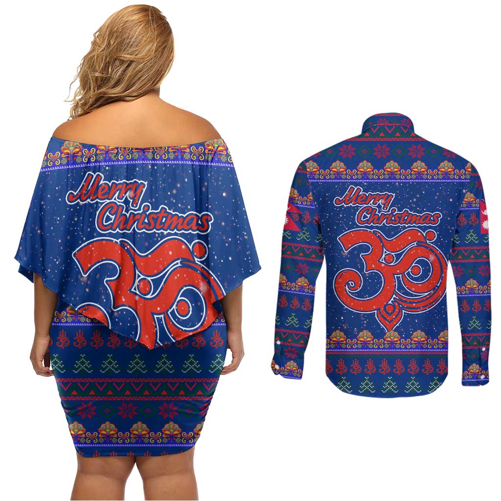 Nepal Christmas Couples Matching Off Shoulder Short Dress and Long Sleeve Button Shirt with Blue-Red Pattern, Hindu Chariot Scene, and Om Symbol Motif - Wonder Print Shop