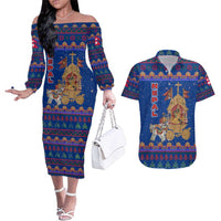 Nepal Christmas Couples Matching Off The Shoulder Long Sleeve Dress and Hawaiian Shirt with Blue-Red Pattern, Hindu Chariot Scene, and Om Symbol Motif - Wonder Print Shop