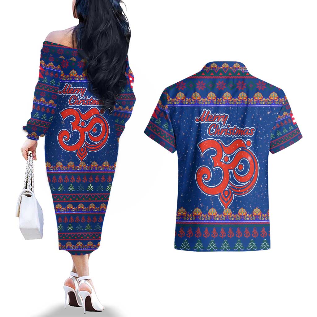 Nepal Christmas Couples Matching Off The Shoulder Long Sleeve Dress and Hawaiian Shirt with Blue-Red Pattern, Hindu Chariot Scene, and Om Symbol Motif - Wonder Print Shop