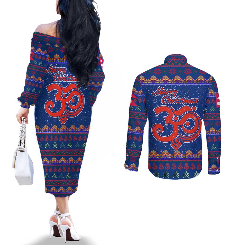 Nepal Christmas Couples Matching Off The Shoulder Long Sleeve Dress and Long Sleeve Button Shirt with Blue-Red Pattern, Hindu Chariot Scene, and Om Symbol Motif - Wonder Print Shop