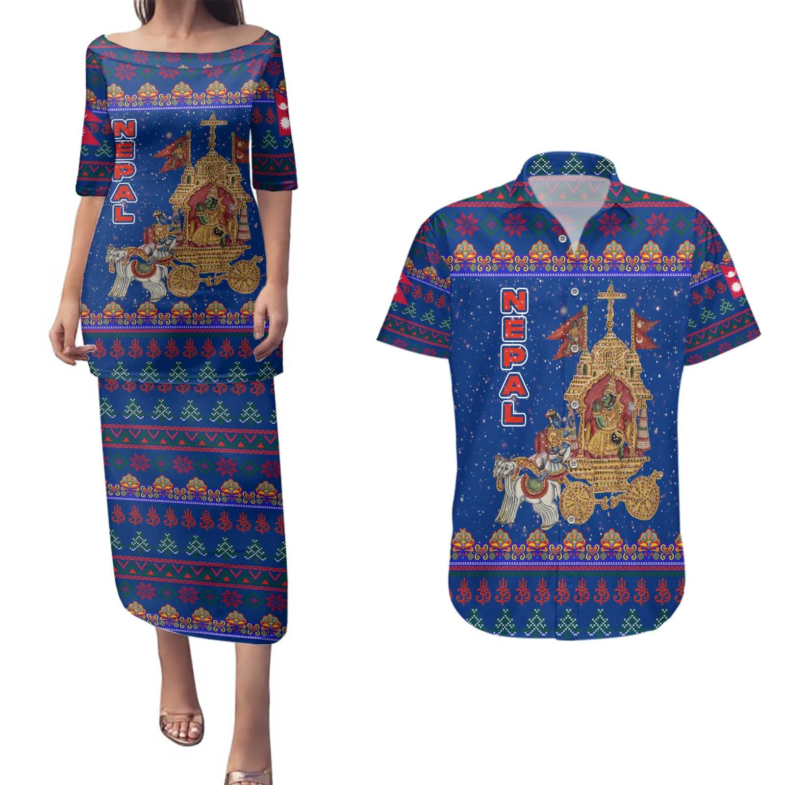 Nepal Christmas Couples Matching Puletasi and Hawaiian Shirt with Blue-Red Pattern, Hindu Chariot Scene, and Om Symbol Motif - Wonder Print Shop