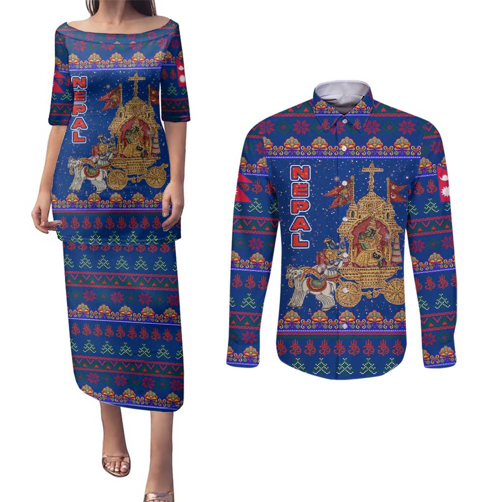 Nepal Christmas Couples Matching Puletasi and Long Sleeve Button Shirt with Blue-Red Pattern, Hindu Chariot Scene, and Om Symbol Motif - Wonder Print Shop