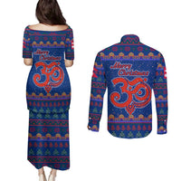 Nepal Christmas Couples Matching Puletasi and Long Sleeve Button Shirt with Blue-Red Pattern, Hindu Chariot Scene, and Om Symbol Motif - Wonder Print Shop