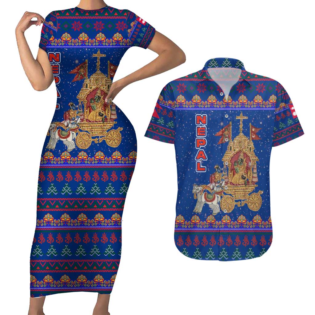 Nepal Christmas Couples Matching Short Sleeve Bodycon Dress and Hawaiian Shirt with Blue-Red Pattern, Hindu Chariot Scene, and Om Symbol Motif - Wonder Print Shop