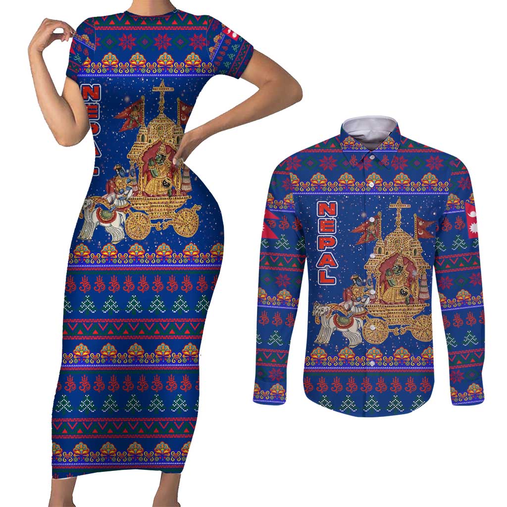 Nepal Christmas Couples Matching Short Sleeve Bodycon Dress and Long Sleeve Button Shirt with Blue-Red Pattern, Hindu Chariot Scene, and Om Symbol Motif - Wonder Print Shop