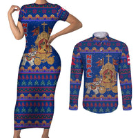 Nepal Christmas Couples Matching Short Sleeve Bodycon Dress and Long Sleeve Button Shirt with Blue-Red Pattern, Hindu Chariot Scene, and Om Symbol Motif - Wonder Print Shop