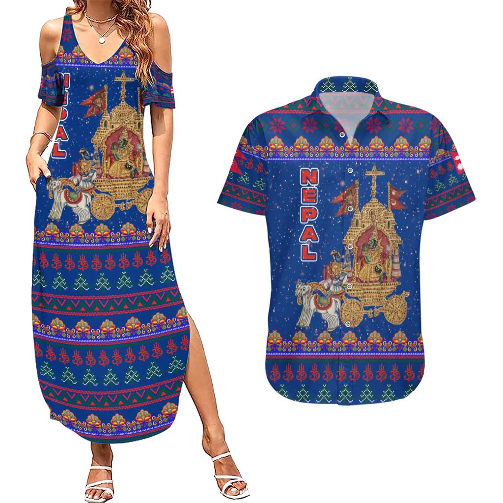 Nepal Christmas Couples Matching Summer Maxi Dress and Hawaiian Shirt with Blue-Red Pattern, Hindu Chariot Scene, and Om Symbol Motif - Wonder Print Shop