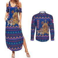 Nepal Christmas Couples Matching Summer Maxi Dress and Long Sleeve Button Shirt with Blue-Red Pattern, Hindu Chariot Scene, and Om Symbol Motif - Wonder Print Shop