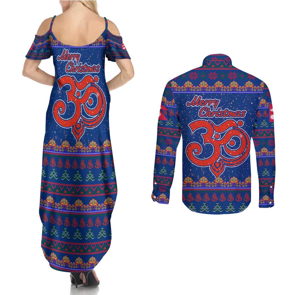 Nepal Christmas Couples Matching Summer Maxi Dress and Long Sleeve Button Shirt with Blue-Red Pattern, Hindu Chariot Scene, and Om Symbol Motif - Wonder Print Shop