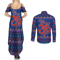 Nepal Christmas Couples Matching Summer Maxi Dress and Long Sleeve Button Shirt with Blue-Red Pattern, Hindu Chariot Scene, and Om Symbol Motif - Wonder Print Shop