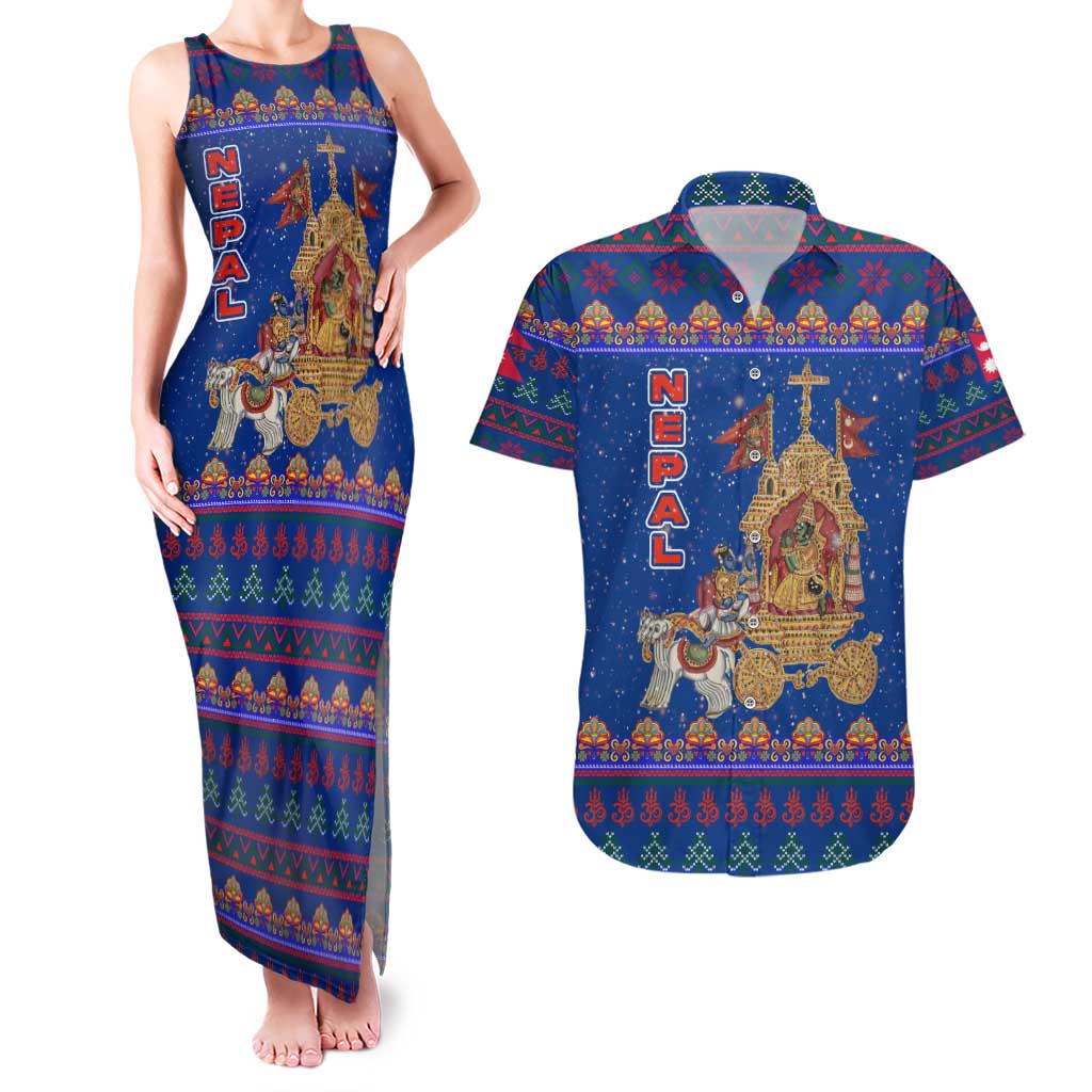 Nepal Christmas Couples Matching Tank Maxi Dress and Hawaiian Shirt with Blue-Red Pattern, Hindu Chariot Scene, and Om Symbol Motif - Wonder Print Shop