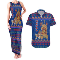 Nepal Christmas Couples Matching Tank Maxi Dress and Hawaiian Shirt with Blue-Red Pattern, Hindu Chariot Scene, and Om Symbol Motif - Wonder Print Shop
