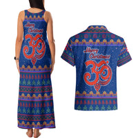 Nepal Christmas Couples Matching Tank Maxi Dress and Hawaiian Shirt with Blue-Red Pattern, Hindu Chariot Scene, and Om Symbol Motif - Wonder Print Shop