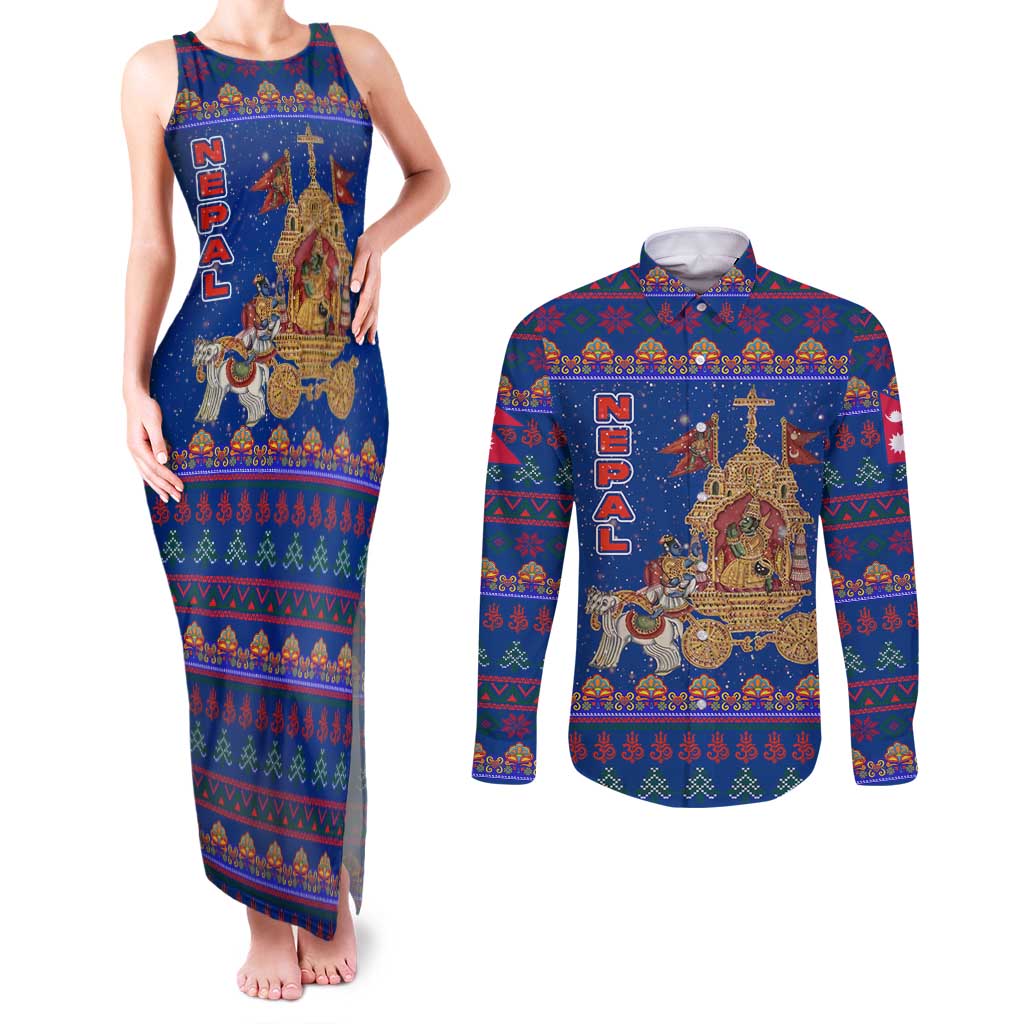 Nepal Christmas Couples Matching Tank Maxi Dress and Long Sleeve Button Shirt with Blue-Red Pattern, Hindu Chariot Scene, and Om Symbol Motif - Wonder Print Shop