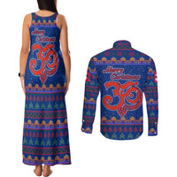 Nepal Christmas Couples Matching Tank Maxi Dress and Long Sleeve Button Shirt with Blue-Red Pattern, Hindu Chariot Scene, and Om Symbol Motif - Wonder Print Shop