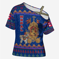 Nepal Christmas Cross Shoulder Shirt with Blue-Red Pattern, Hindu Chariot Scene, and Om Symbol Motif - Wonder Print Shop