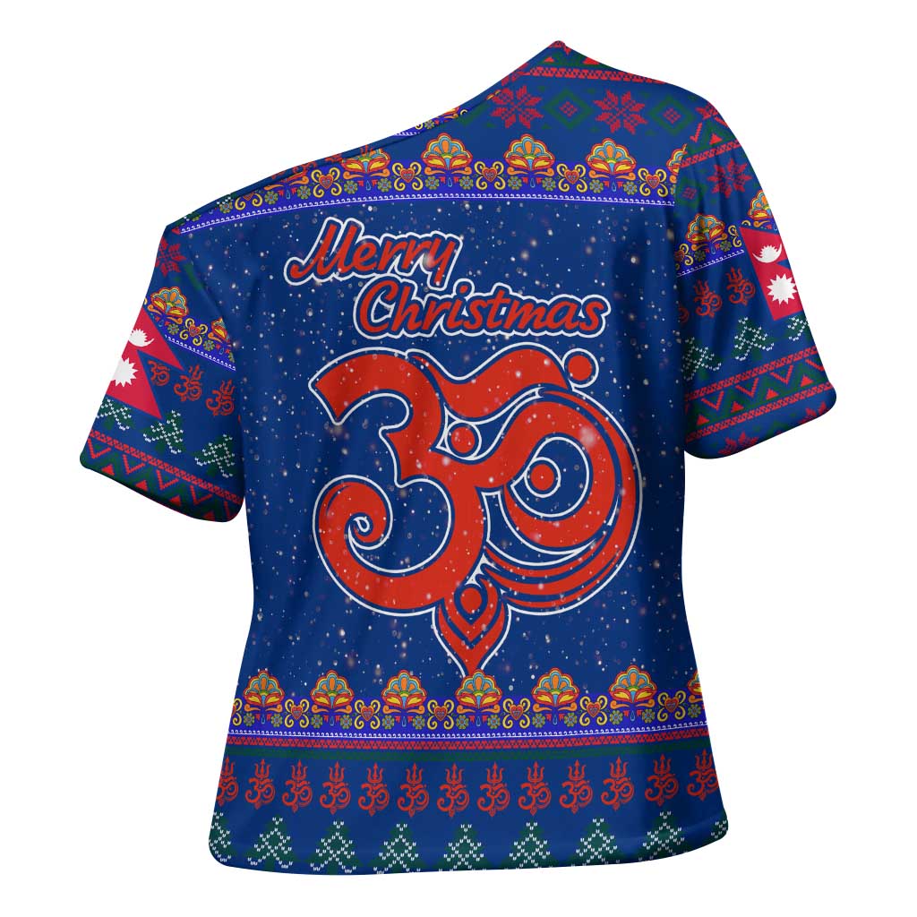 Nepal Christmas Cross Shoulder Shirt with Blue-Red Pattern, Hindu Chariot Scene, and Om Symbol Motif - Wonder Print Shop