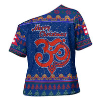 Nepal Christmas Cross Shoulder Shirt with Blue-Red Pattern, Hindu Chariot Scene, and Om Symbol Motif - Wonder Print Shop