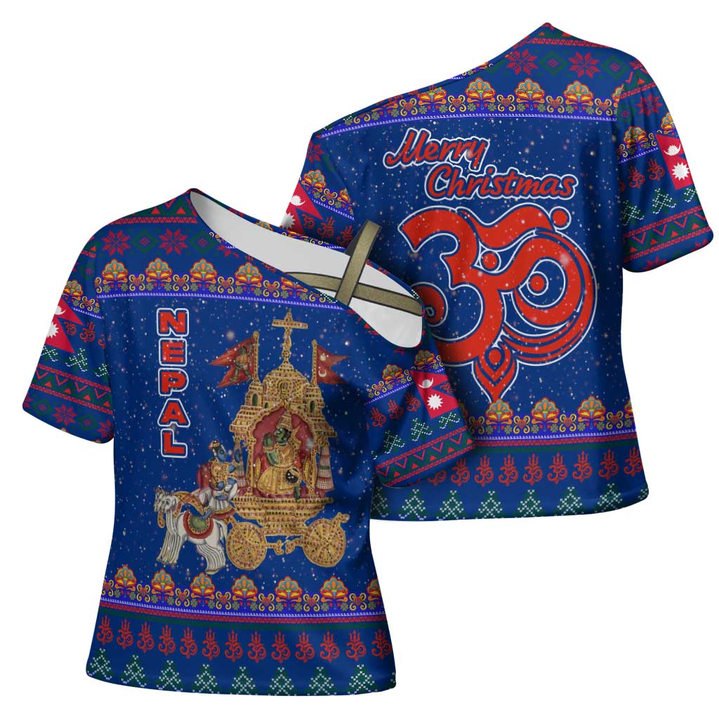 Nepal Christmas Cross Shoulder Shirt with Blue-Red Pattern, Hindu Chariot Scene, and Om Symbol Motif - Wonder Print Shop
