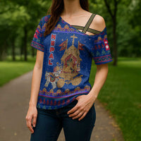 Nepal Christmas Cross Shoulder Shirt with Blue-Red Pattern, Hindu Chariot Scene, and Om Symbol Motif - Wonder Print Shop