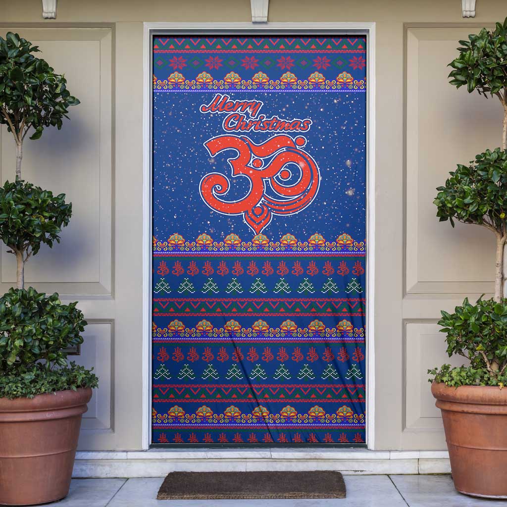 Nepal Christmas Door Cover with Blue-Red Pattern, Hindu Chariot Scene, and Om Symbol Motif - Wonder Print Shop