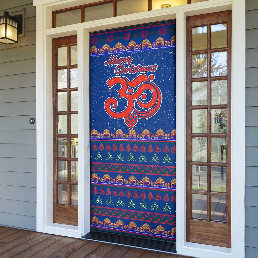Nepal Christmas Door Cover with Blue-Red Pattern, Hindu Chariot Scene, and Om Symbol Motif - Wonder Print Shop