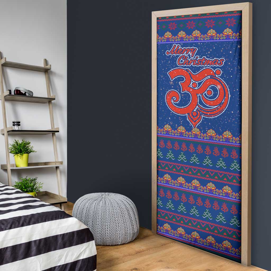 Nepal Christmas Door Cover with Blue-Red Pattern, Hindu Chariot Scene, and Om Symbol Motif - Wonder Print Shop
