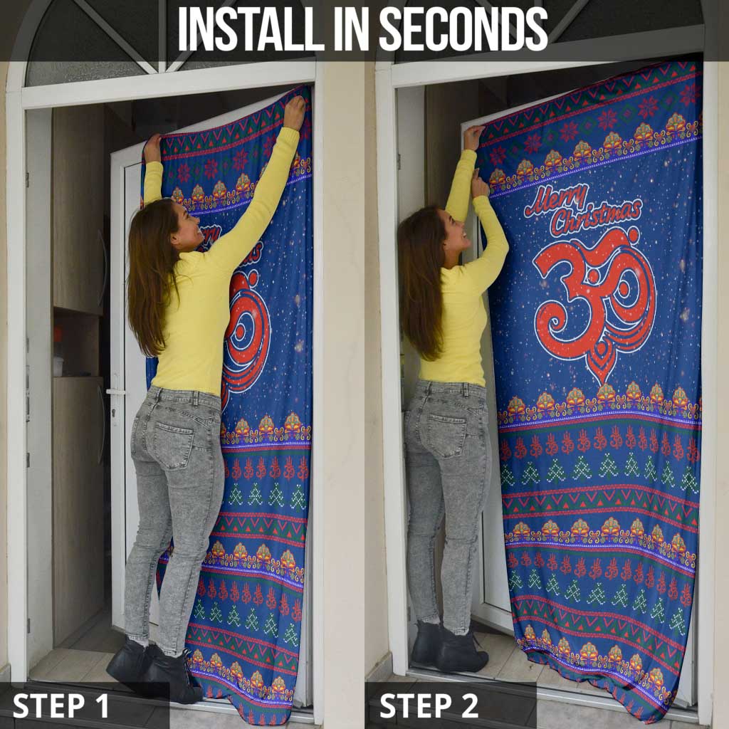 Nepal Christmas Door Cover with Blue-Red Pattern, Hindu Chariot Scene, and Om Symbol Motif - Wonder Print Shop