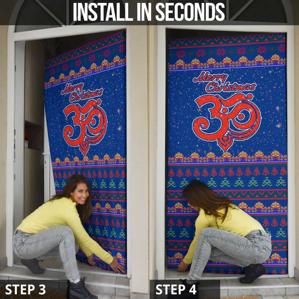 Nepal Christmas Door Cover with Blue-Red Pattern, Hindu Chariot Scene, and Om Symbol Motif - Wonder Print Shop