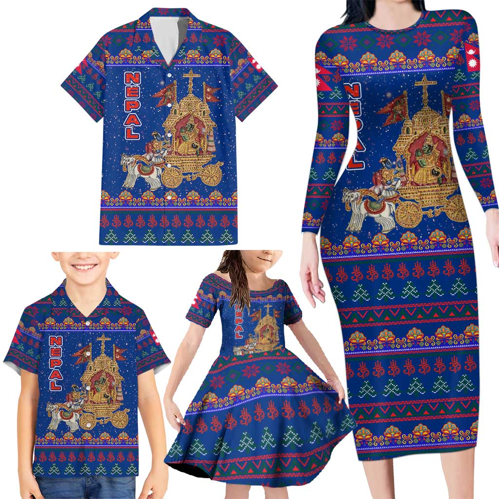 Nepal Christmas Family Matching Long Sleeve Bodycon Dress and Hawaiian Shirt with Blue-Red Pattern, Hindu Chariot Scene, and Om Symbol Motif - Wonder Print Shop