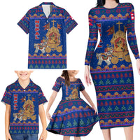Nepal Christmas Family Matching Long Sleeve Bodycon Dress and Hawaiian Shirt with Blue-Red Pattern, Hindu Chariot Scene, and Om Symbol Motif - Wonder Print Shop