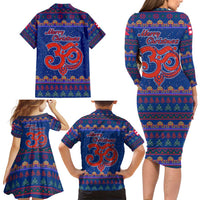 Nepal Christmas Family Matching Long Sleeve Bodycon Dress and Hawaiian Shirt with Blue-Red Pattern, Hindu Chariot Scene, and Om Symbol Motif - Wonder Print Shop