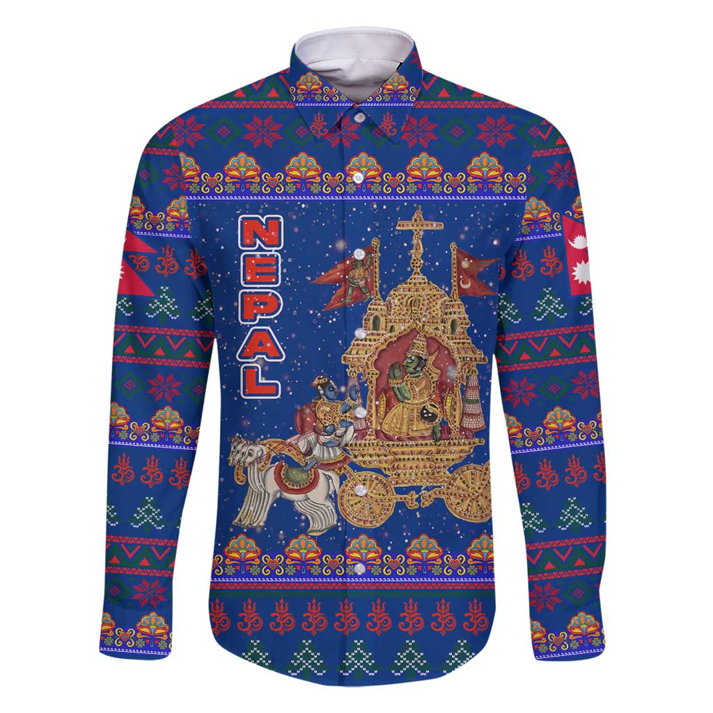 Nepal Christmas Family Matching Long Sleeve Bodycon Dress and Hawaiian Shirt with Blue-Red Pattern, Hindu Chariot Scene, and Om Symbol Motif - Wonder Print Shop