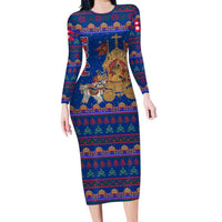 Nepal Christmas Family Matching Long Sleeve Bodycon Dress and Hawaiian Shirt with Blue-Red Pattern, Hindu Chariot Scene, and Om Symbol Motif - Wonder Print Shop