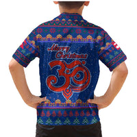 Nepal Christmas Family Matching Mermaid Dress and Hawaiian Shirt with Blue-Red Pattern, Hindu Chariot Scene, and Om Symbol Motif - Wonder Print Shop