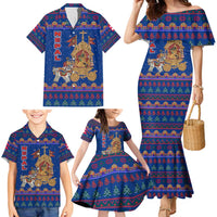 Nepal Christmas Family Matching Mermaid Dress and Hawaiian Shirt with Blue-Red Pattern, Hindu Chariot Scene, and Om Symbol Motif - Wonder Print Shop