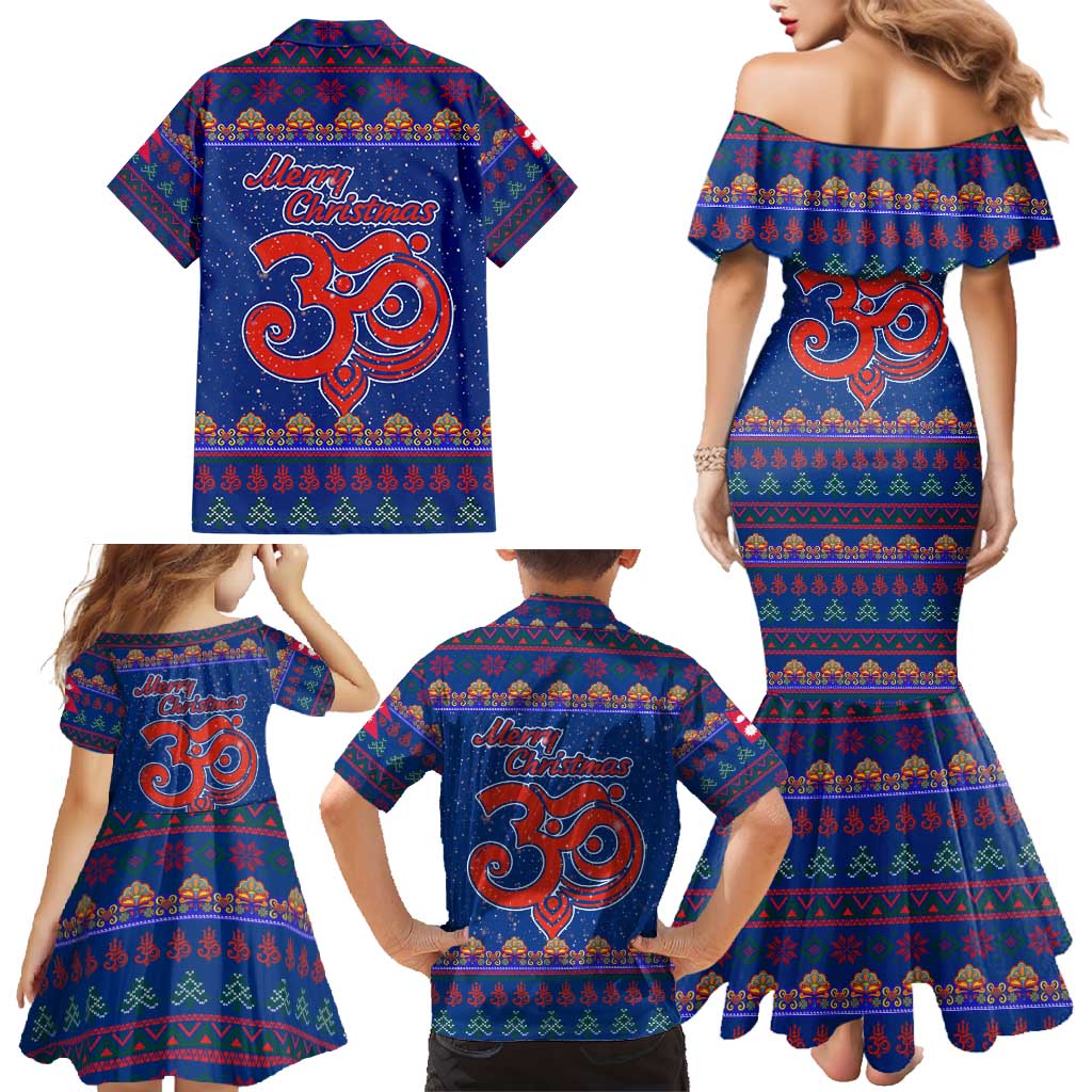 Nepal Christmas Family Matching Mermaid Dress and Hawaiian Shirt with Blue-Red Pattern, Hindu Chariot Scene, and Om Symbol Motif - Wonder Print Shop