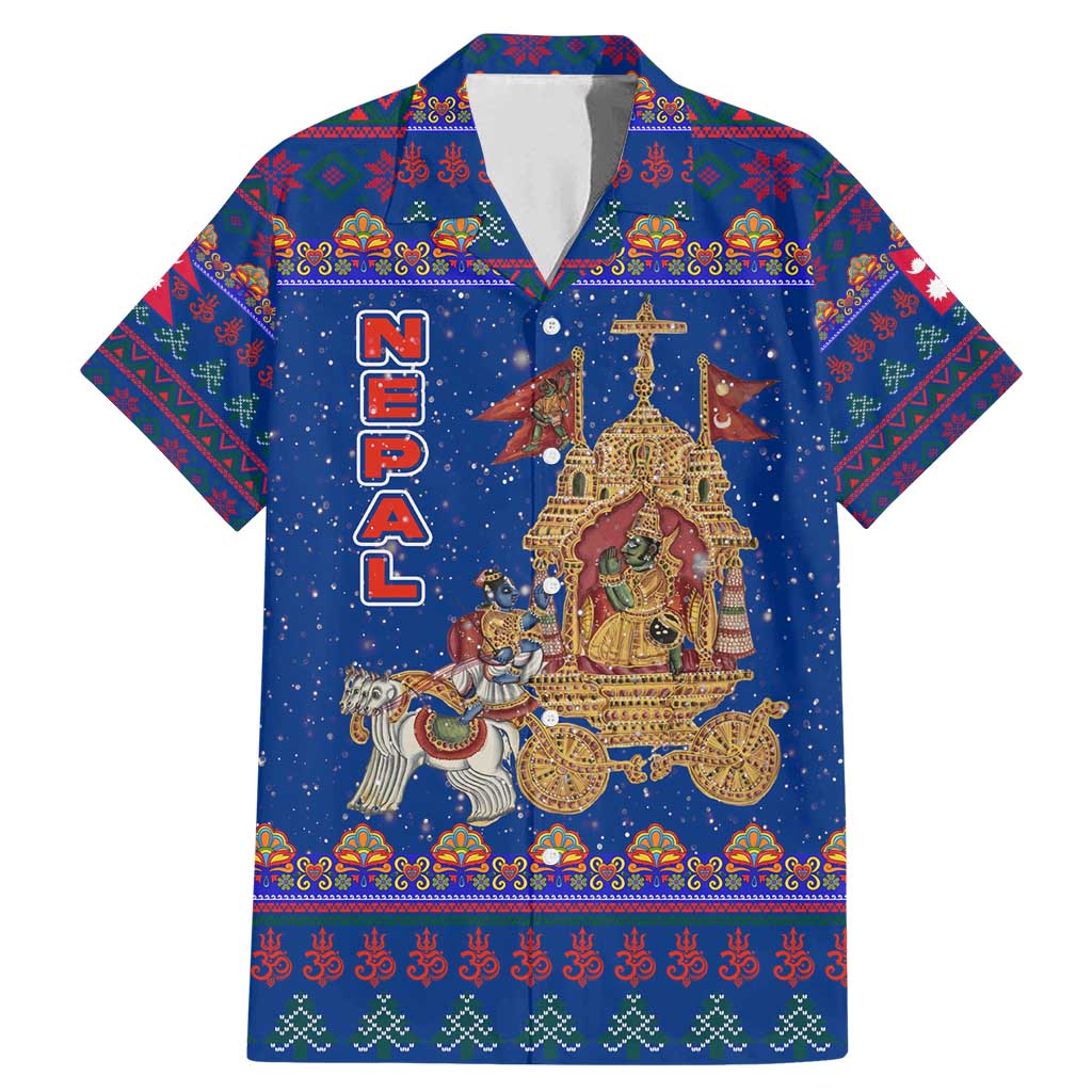 Nepal Christmas Family Matching Mermaid Dress and Hawaiian Shirt with Blue-Red Pattern, Hindu Chariot Scene, and Om Symbol Motif - Wonder Print Shop
